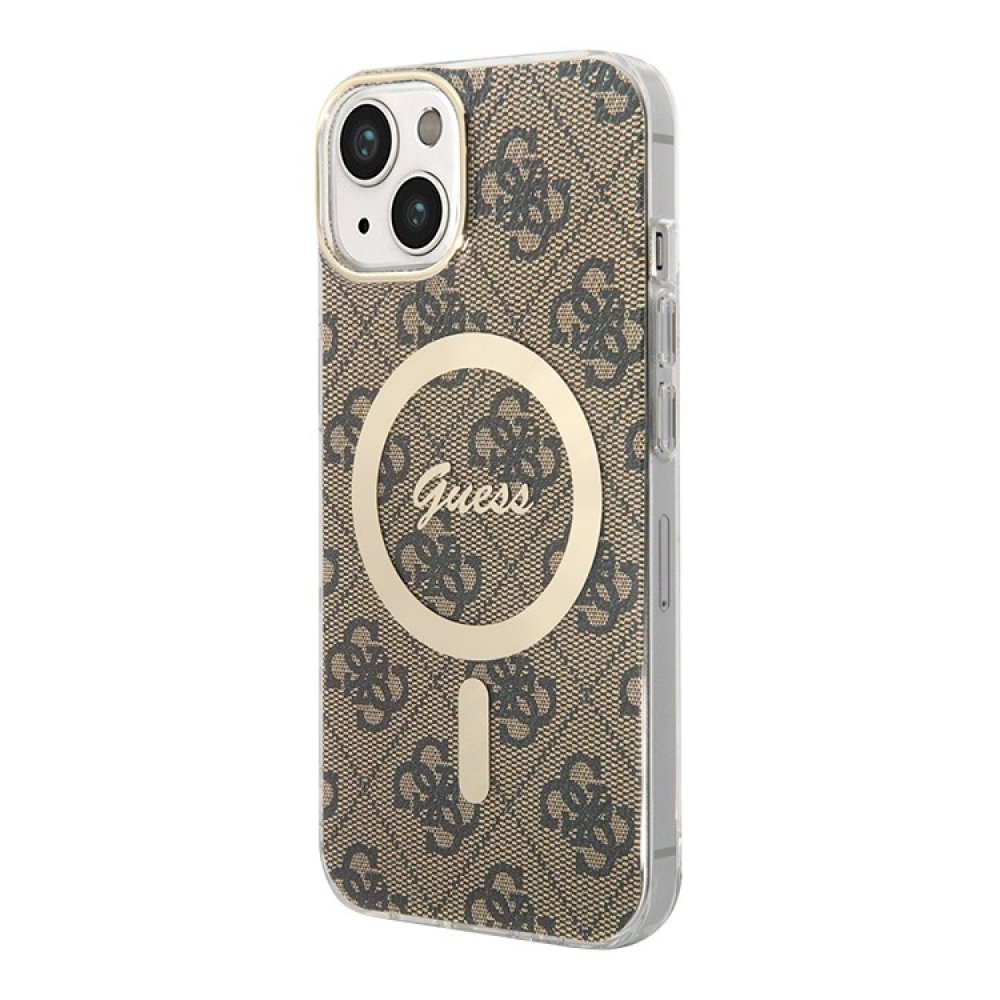 Чехол Guess PC/TPU 4G Hard MagSafe для iPhone 15. Цвет: коричневый/золотой