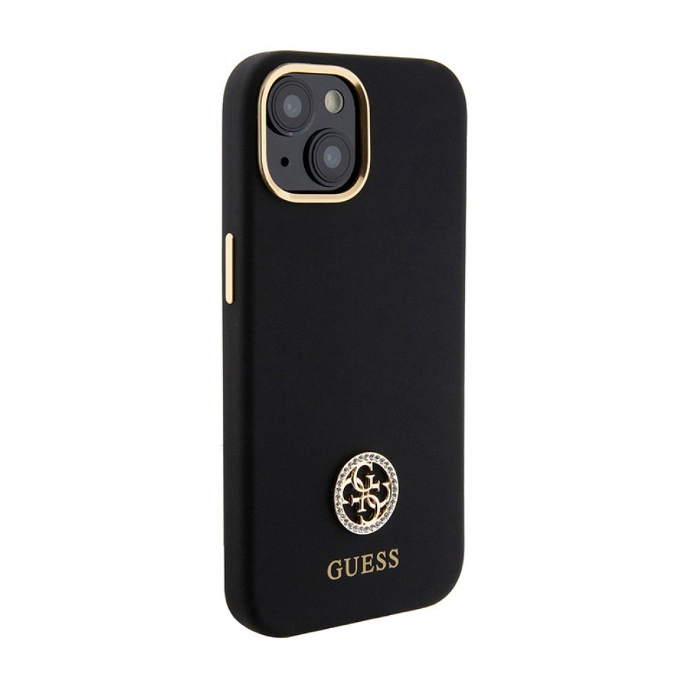 Чехол Guess Liquid silicone with 4G Diamond metal logo Hard для iPhone 15. Цвет: черный