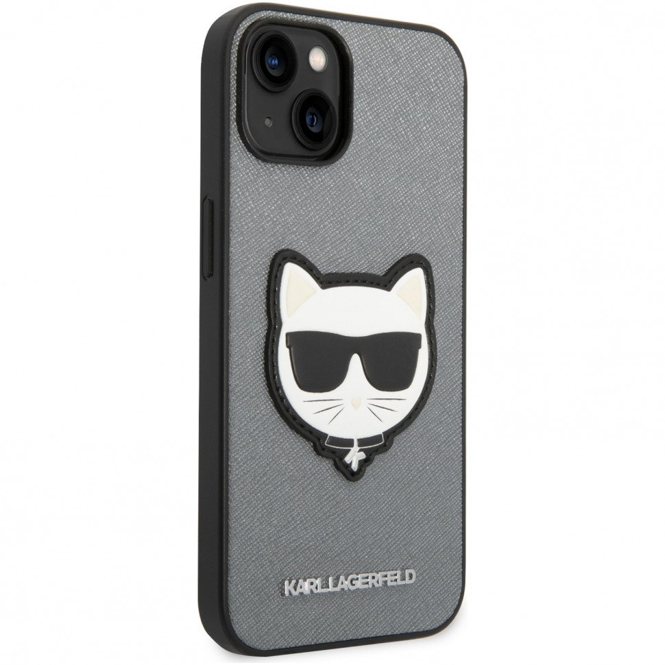 Чехол Lagerfeld для iPhone 14 PU Saffiano Choupette head Patch Hard. Цвет: серебристый