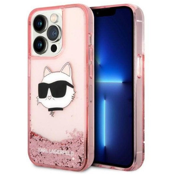 Чехол Lagerfeld для iPhone 14 Pro Max Liquid glitter NFT Choupette head Hard. Цвет: розовый