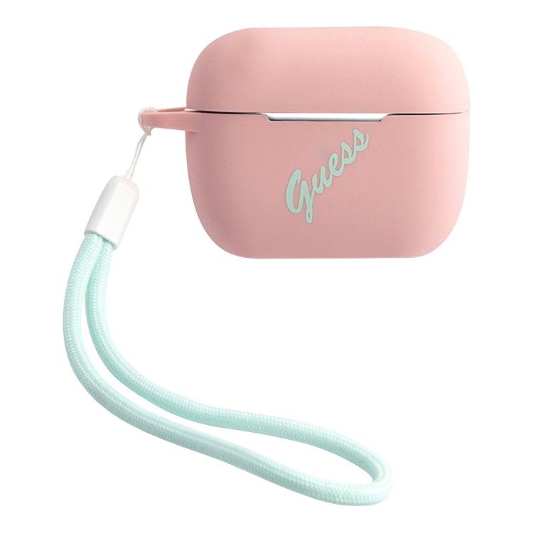 Чехол Guess Script logo для Airpods Pro силиконовый со шнурком. Цвет: розовый/зелёный