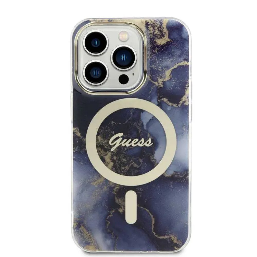 Чехол Guess PC/TPU Golden Marble Hard MagSafe для iPhone 15 Pro Max. Цвет: синий