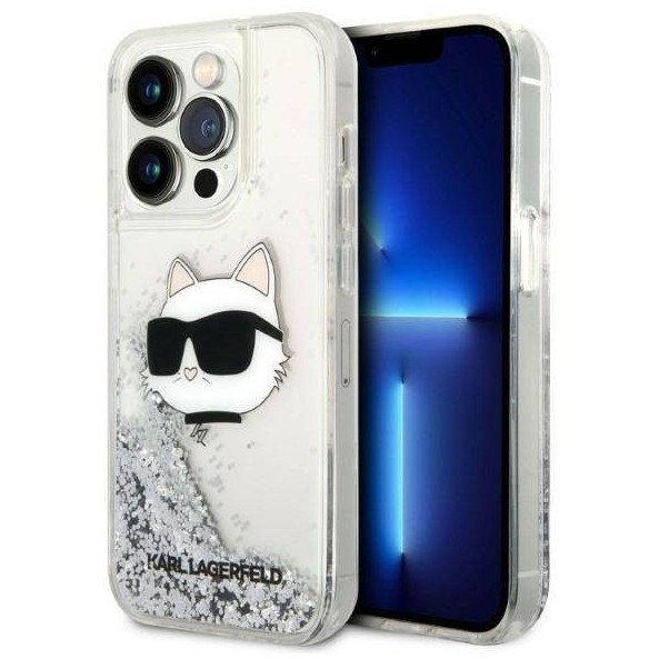 Чехол Lagerfeld для iPhone 14 Pro Liquid glitter NFT Choupette head Hard. Цвет: серебристый