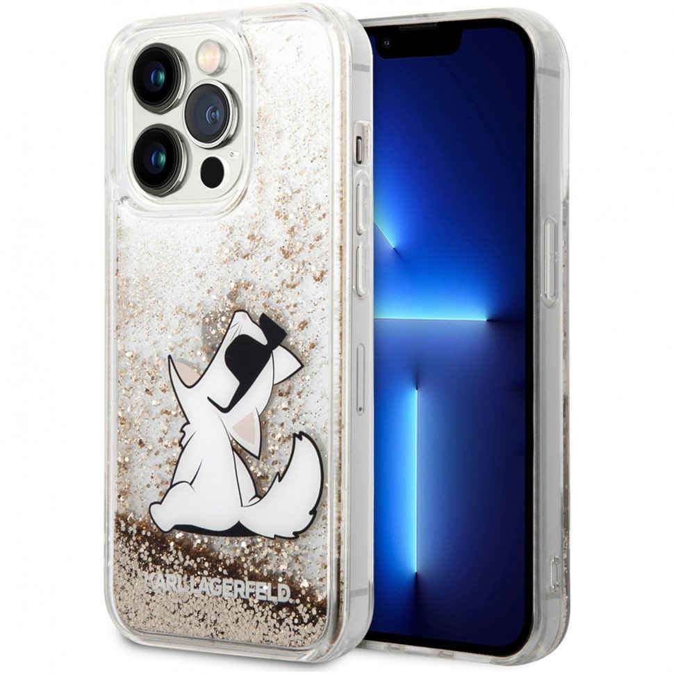 Чехол Lagerfeld для iPhone 14 Pro Max Liquid glitter Choupette Fun Hard. Цвет: золотой