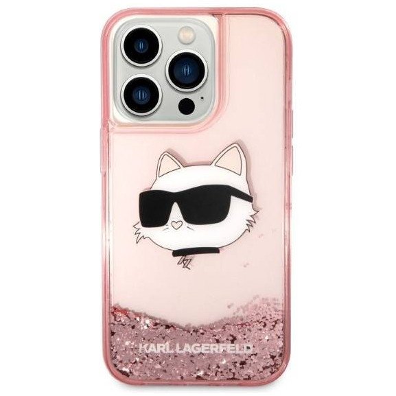 Чехол Lagerfeld для iPhone 14 Pro Max Liquid glitter NFT Choupette head Hard. Цвет: розовый