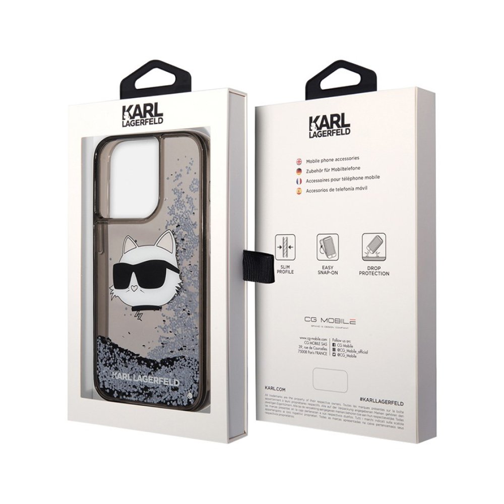 Чехол Lagerfeld для iPhone 14 Pro Max Liquid glitter NFT Choupette head Hard. Цвет: чёрный