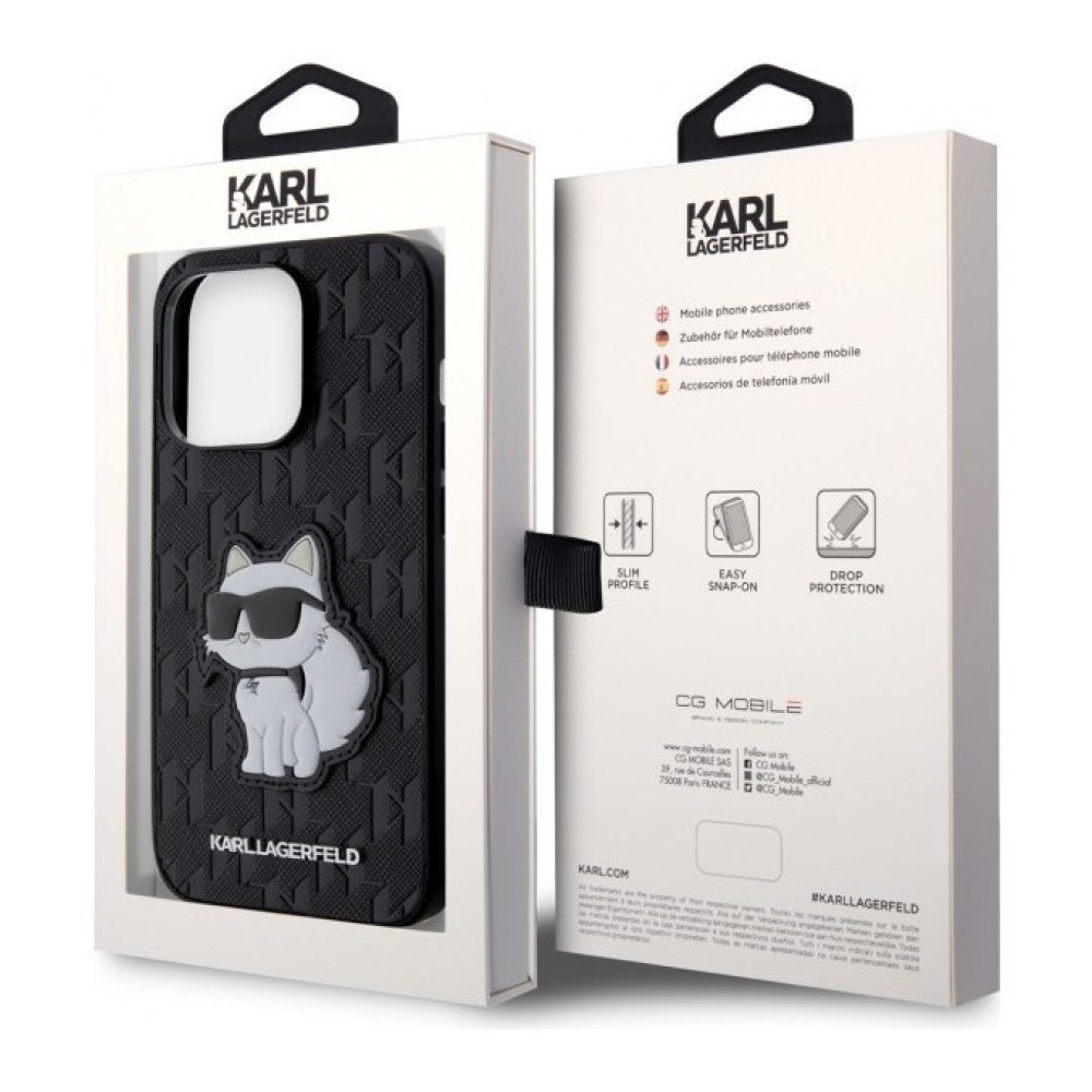 Чехол Lagerfeld для iPhone 14 Pro Max PU Saffiano Monogram NFT Choupette. Цвет: чёрный