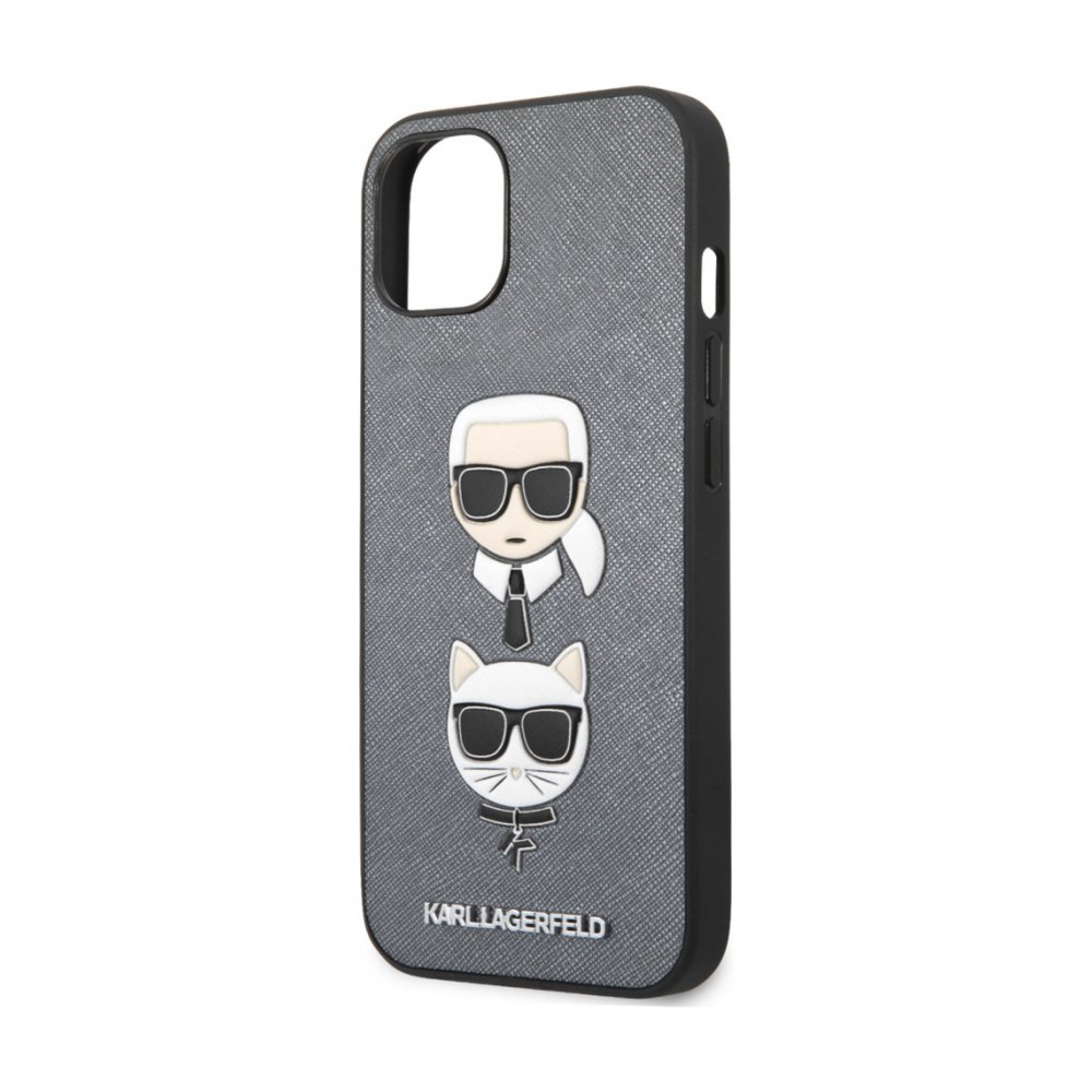 Чехол Lagerfeld для iPhone 13 PU Saffiano Karl & Choupette heads Hard. Цвет: серебристый