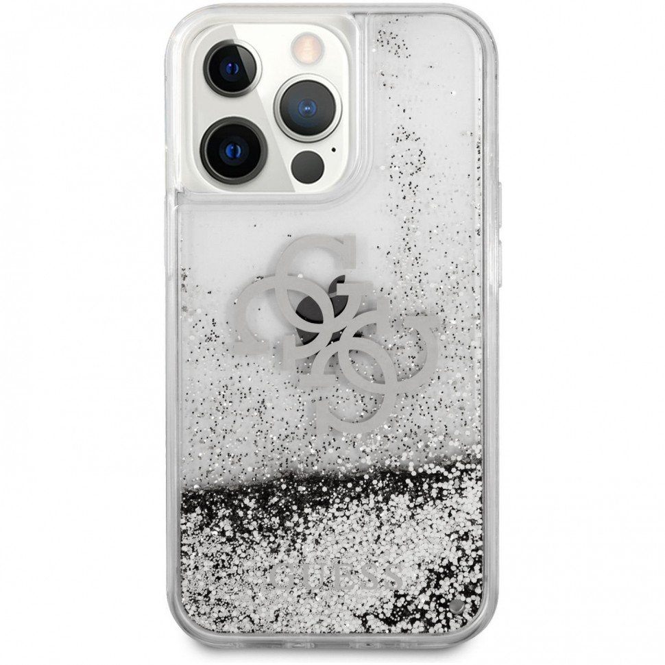 Чехол Guess для iPhone 13 Pro Liquid Glitter 4G Big logo Hard. Цвет: серебристый