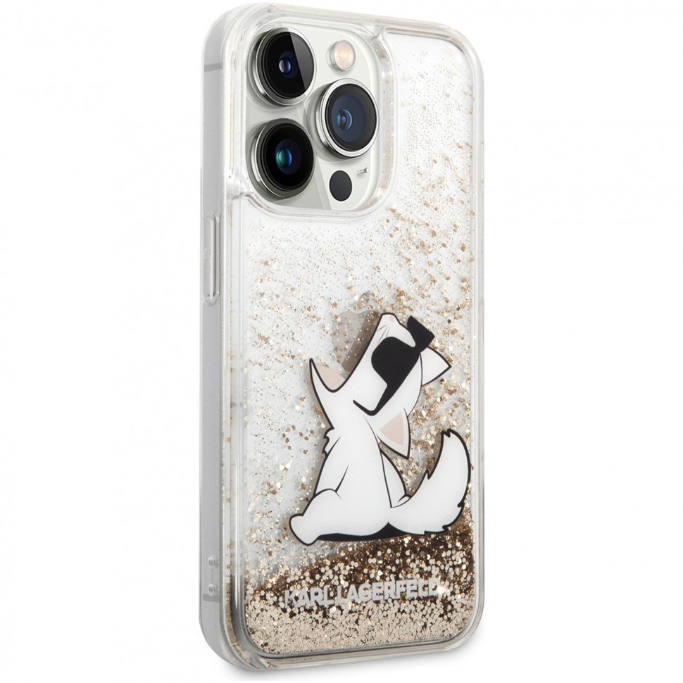 Чехол Lagerfeld для iPhone 14 Pro Max Liquid glitter Choupette Fun Hard. Цвет: золотой