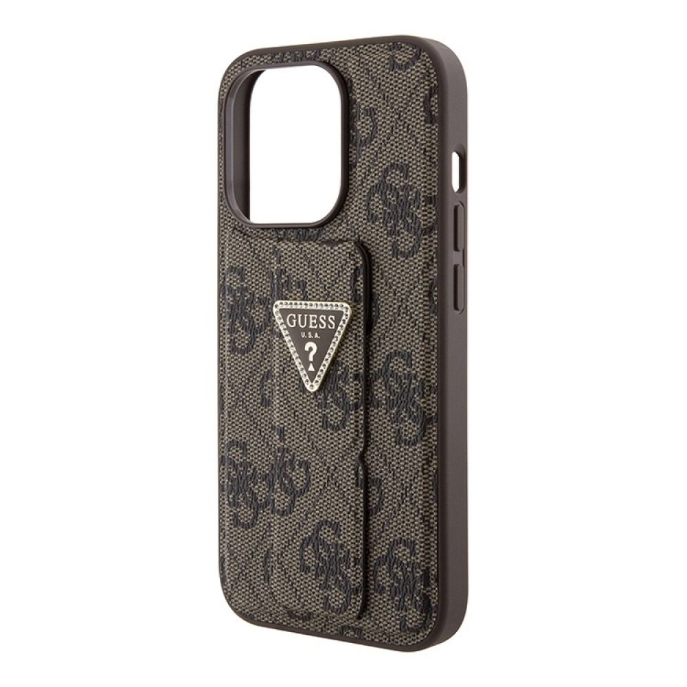 Чехол Guess PU 4G GripStand Triangle Diamond metal logo Hard для iPhone 15 Pro Max. Цвет: коричневый