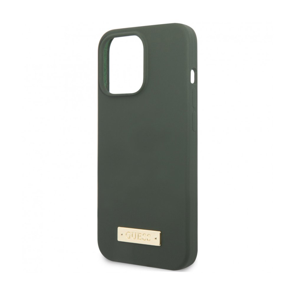 Чехол Guess для iPhone 13 Pro Max Liquid silicone Plate metal logo Hard (MagSafe). Цвет: зелёный