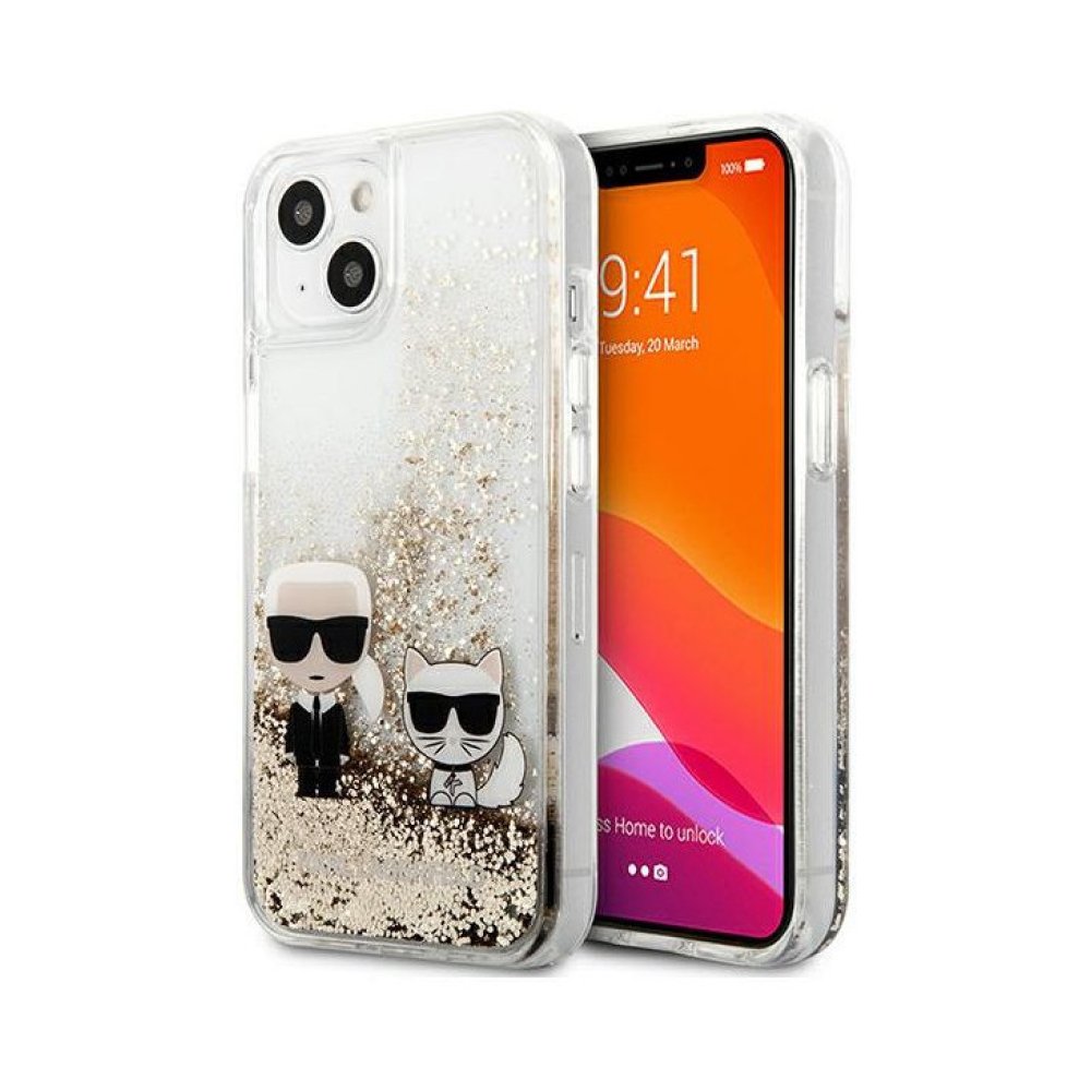 Чехол Mercedes для iPhone 13 Liquid glitter Karl & Choupette Hard. Цвет: золотой