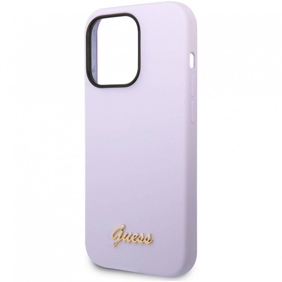 Чехол Guess для iPhone 14 Pro Max Liquid silicone Gold metal logo Hard. Цвет: фиолетовый