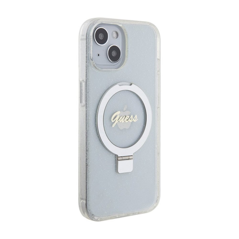 Чехол Guess PC/TPU Script logo + Ring stand Hard Glitter для iPhone 15. Цвет: прозрачный