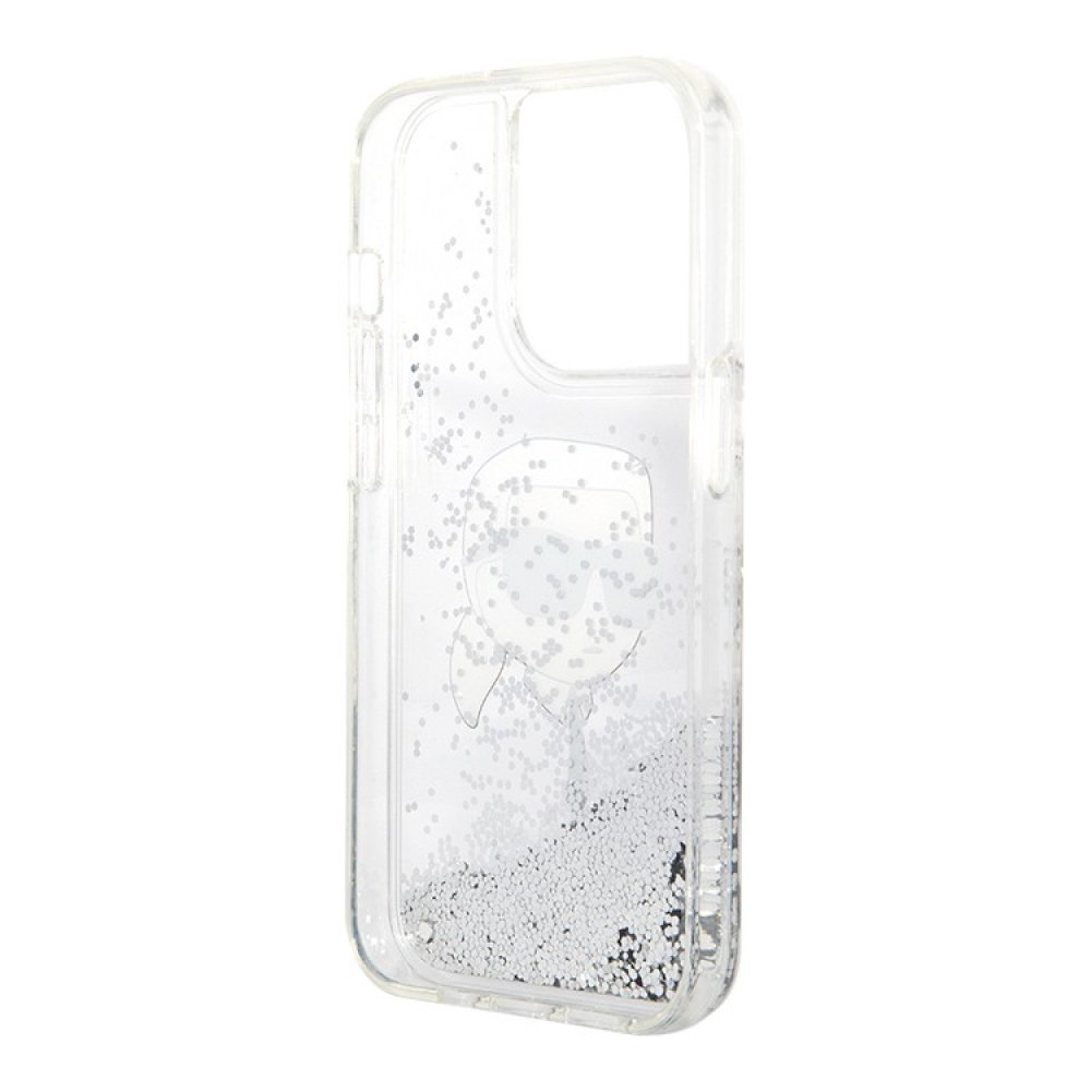 Чехол Lagerfeld Liquid Glitter NFT Karl head Hard для iPhone 15 Pro. Цвет: серебристый