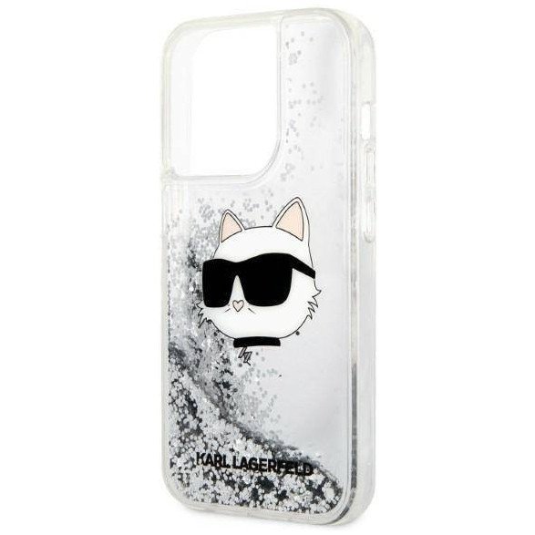 Чехол Lagerfeld для iPhone 14 Pro Max Liquid glitter NFT Choupette head Hard. Цвет: серебристый