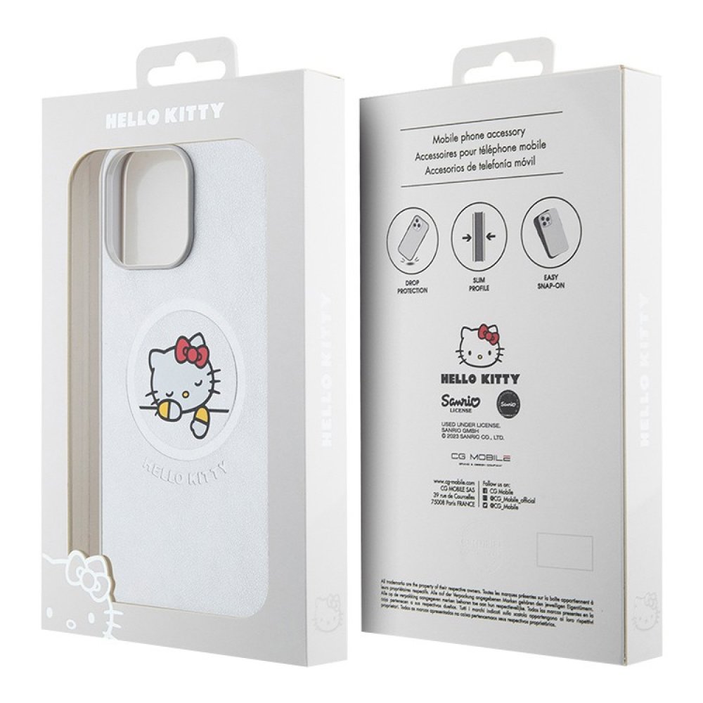 Чехол Hello Kitty PU Leather Kitty Asleep Hard MagSafe для iPhone 15 Pro Max. Цвет: серебристый