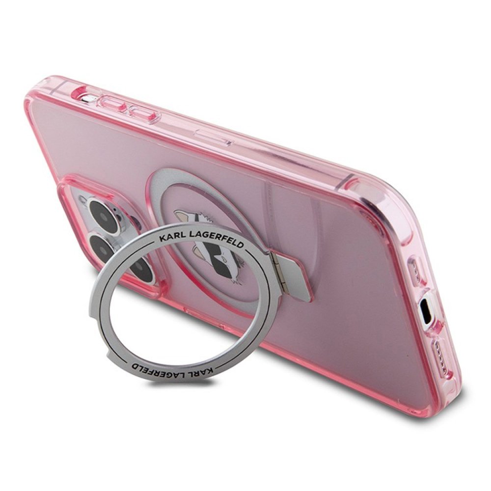 Чехол Lagerfeld PC/TPU Ring NFT Choupette head Hard MagSafe для iPhone 15 Pro. Цвет: розовый