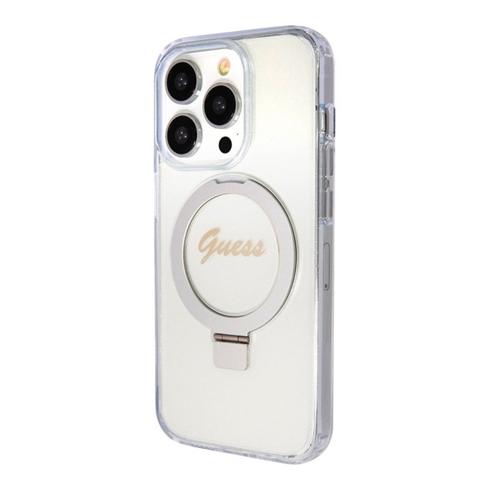 Чехол Guess PC/TPU Script logo + Ring stand Glitter MagSafe для iPhone 15 Pro Max. Цвет: прозрачный