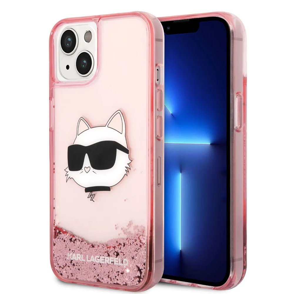 Чехол Lagerfeld для iPhone 15 Liquid Glitter NFT Choupette head Hard. Цвет: розовый