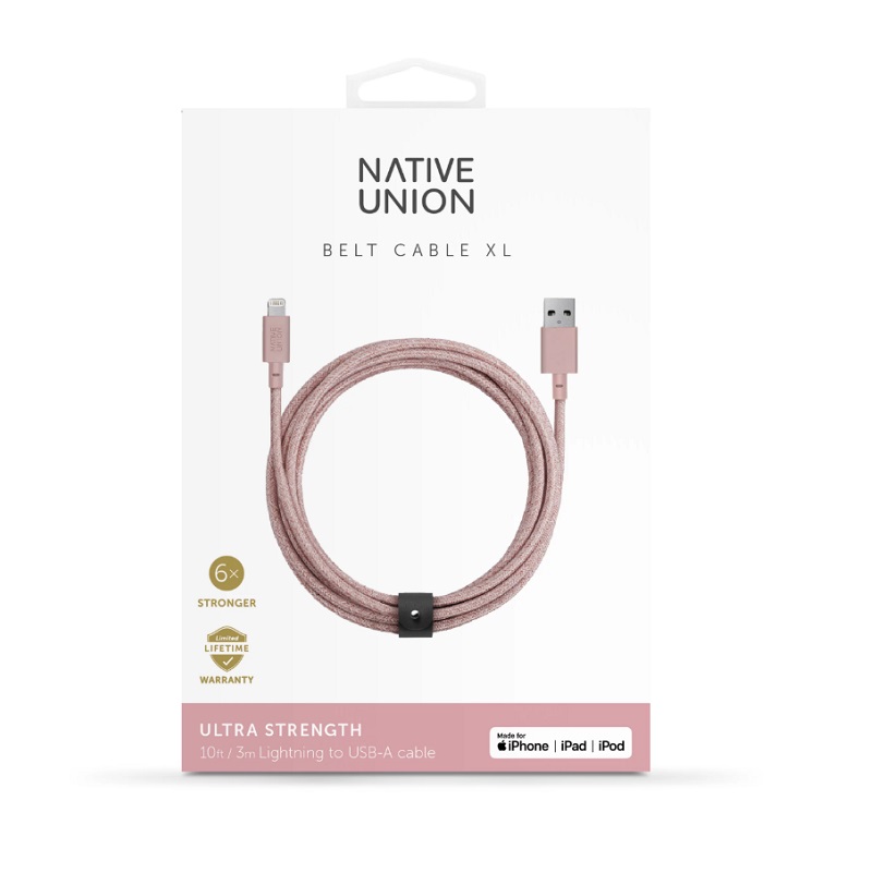 Кабель Native Union 3м., Lightning to USB (ver. 2). Цвет: розовый