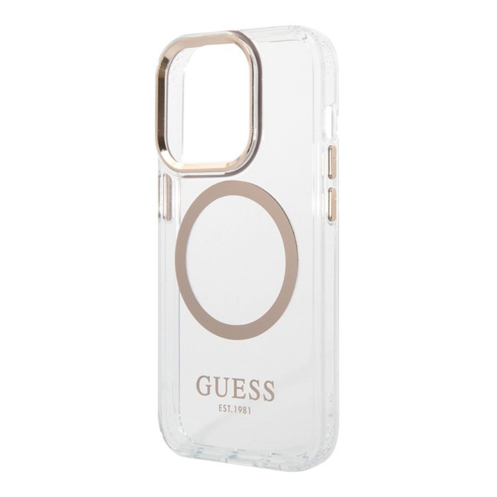 Чехол Guess PC/TPU Metal outline Hard MagSafe для iPhone 15 Pro Max. Цвет: прозрачный/золотой