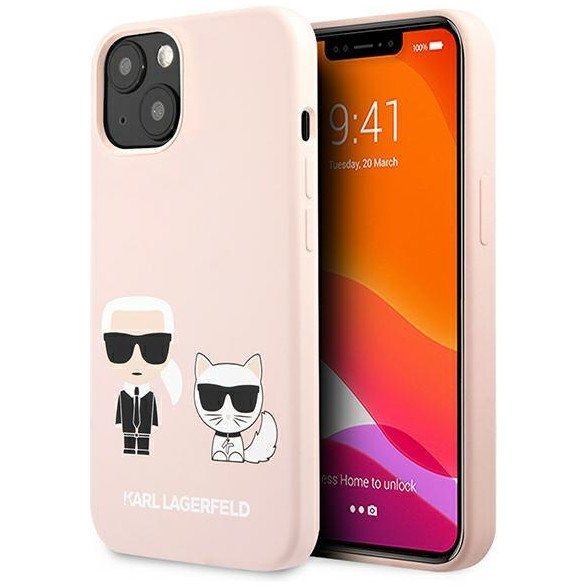 Чехол Lagerfeld для iPhone 13 Liquid Silicone Karl & Choupette Hard. Цвет: розовый