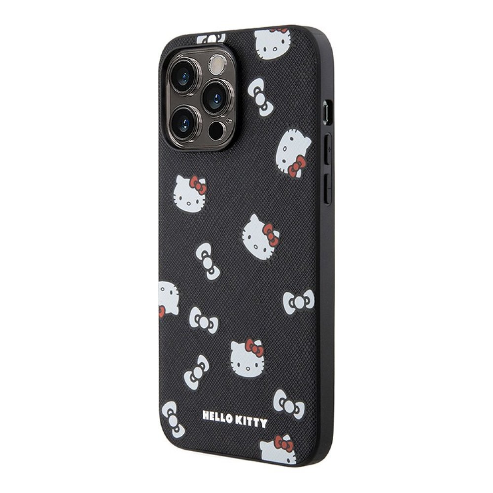 Чехол Hello Kitty PU Saffiano Heads and Bows + Hand strap для iPhone 14 Pro Max. Цвет: черный/красны