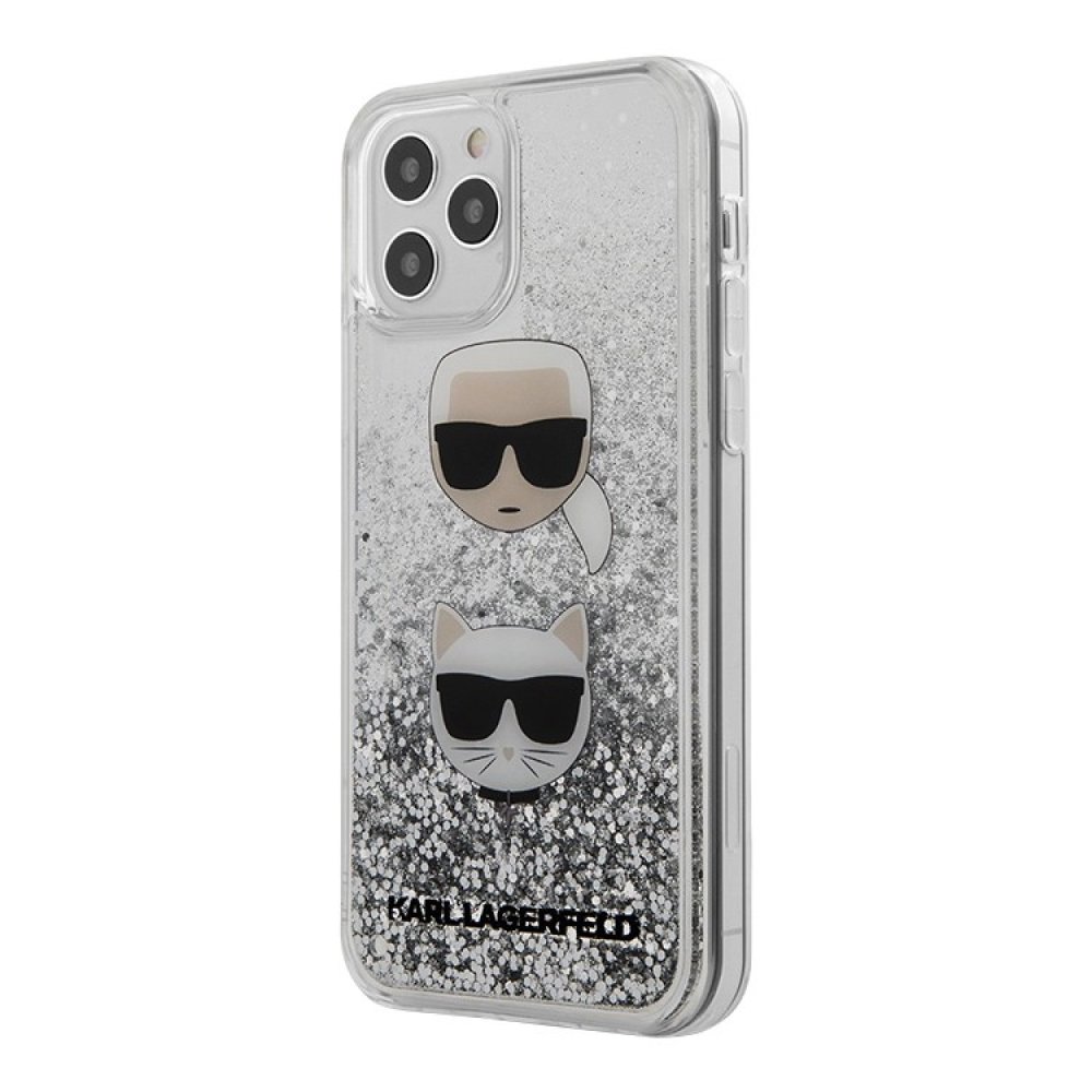 Чехол Lagerfeld для iPhone 12/12 Pro Liquid glitter Karl and Choupette heads. Цвет: серебристый