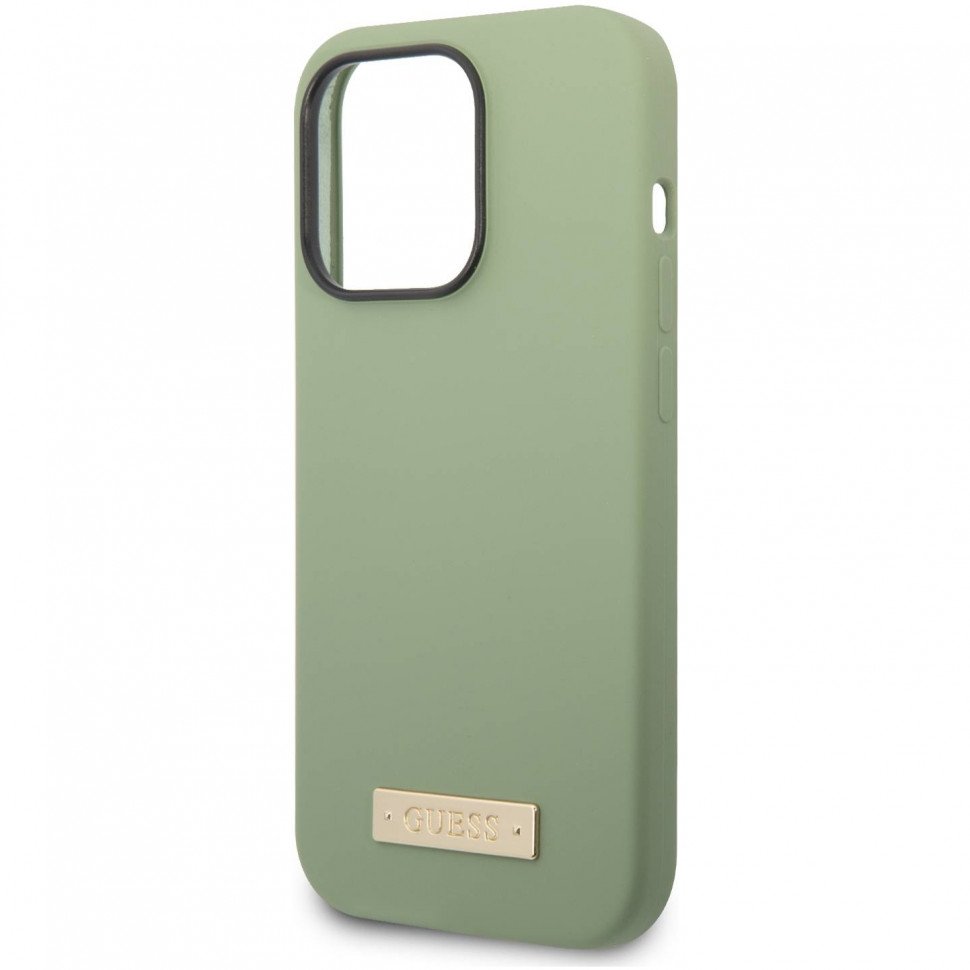 Чехол Guess для iPhone 14 Pro Liquid silicone Plate metal logo Hard (MagSafe). Цвет: зелёный