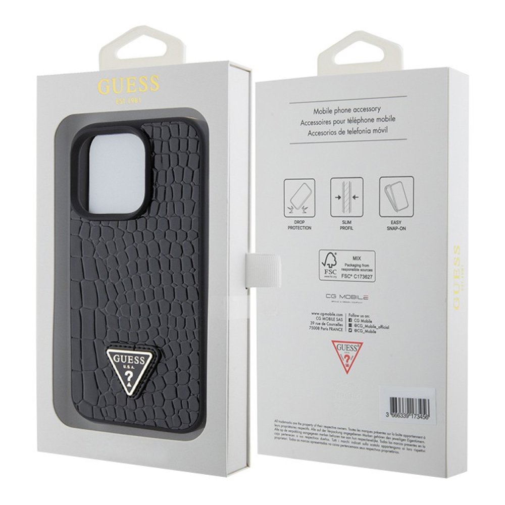 Чехол Guess PU Croco Triangle metal logo Hard для iPhone 15 Pro Max. Цвет: чёрный