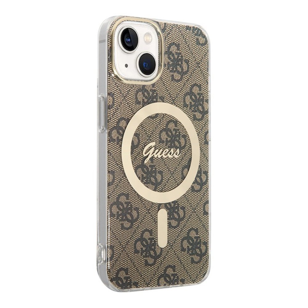 Чехол Guess PC/TPU 4G Hard MagSafe для iPhone 15. Цвет: коричневый/золотой