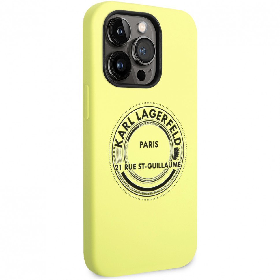 Чехол Lagerfeld для iPhone 14 Pro Liquid silicone Round RSG logo Hard. Цвет: зелёный