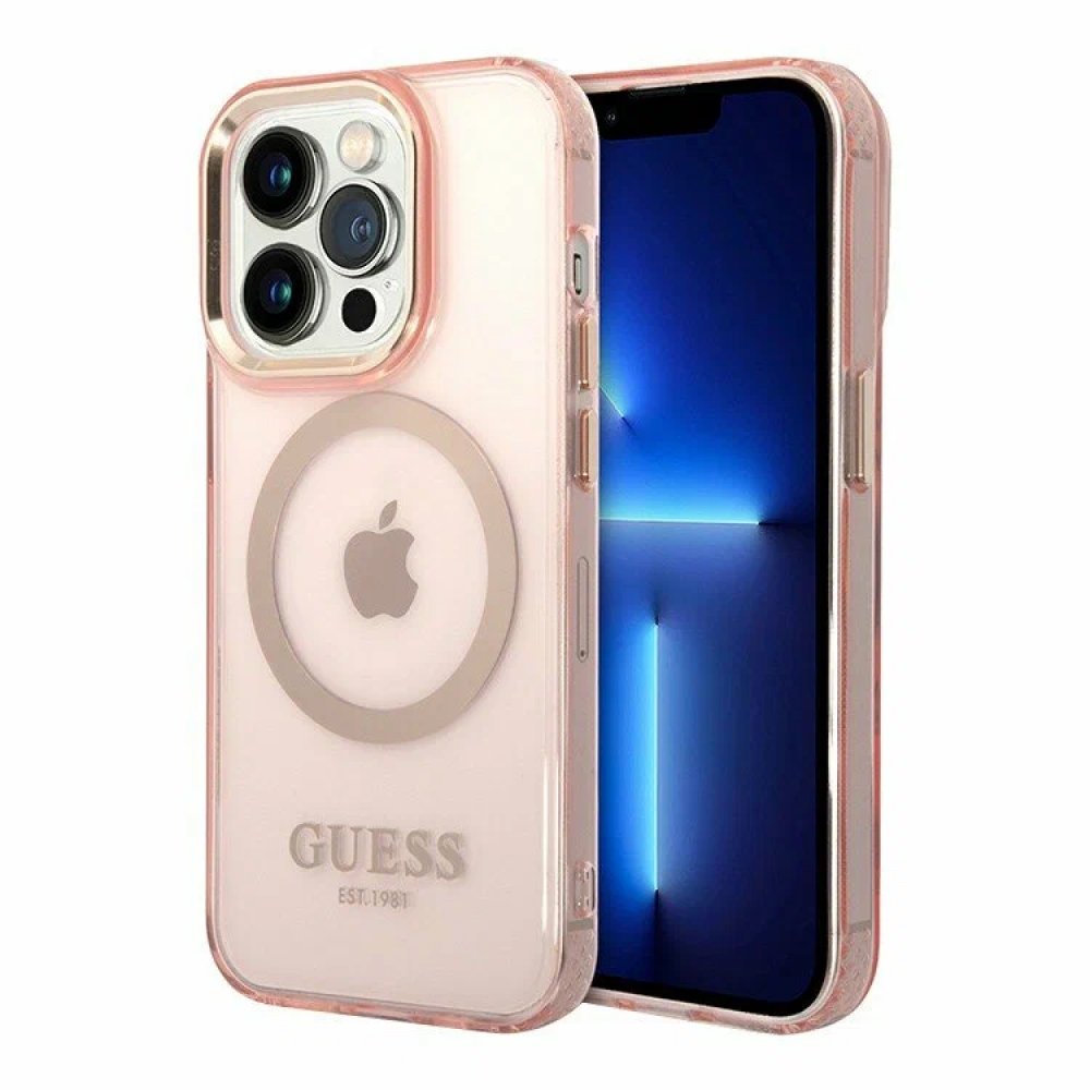 Чехол Guess для iPhone 14 Pro Max PC/TPU Metal outline Hard (MagSafe). Цвет: розовый/золотой