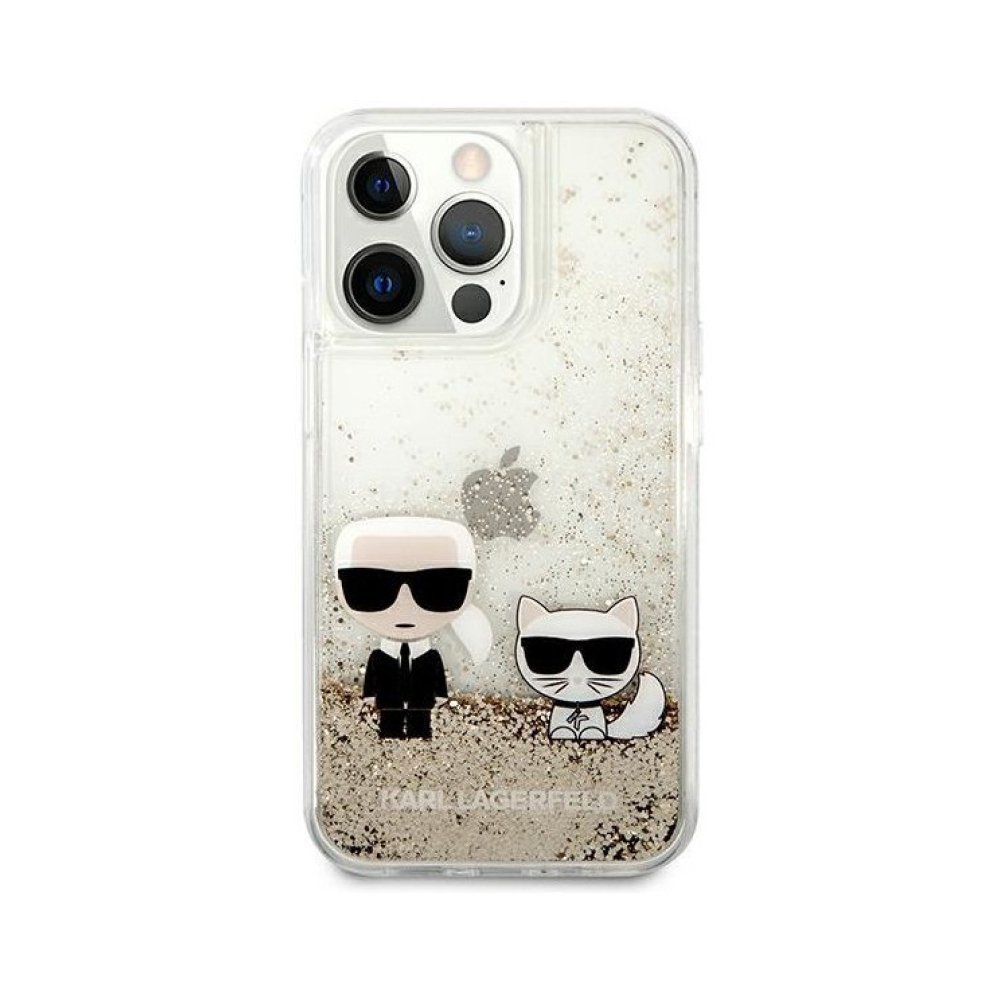 Чехол Lagerfeld для iPhone 13 Pro Max Liquid glitter Karl & Choupette Hard. Цвет: золотой