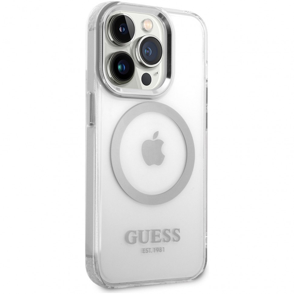 Чехол Guess для iPhone 14 Pro Max PC/TPU Metal outline Hard (MagSafe). Цвет: прозрачный/серебристый