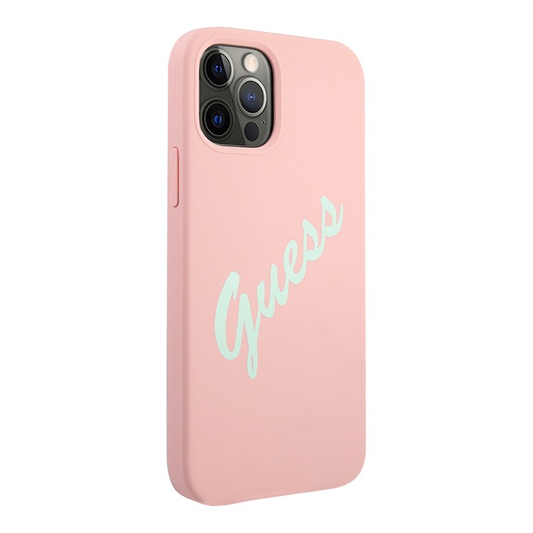 Чехол Guess для iPhone 12/12 Pro Liquid silicone Script logo. Цвет: розовый/зелёный