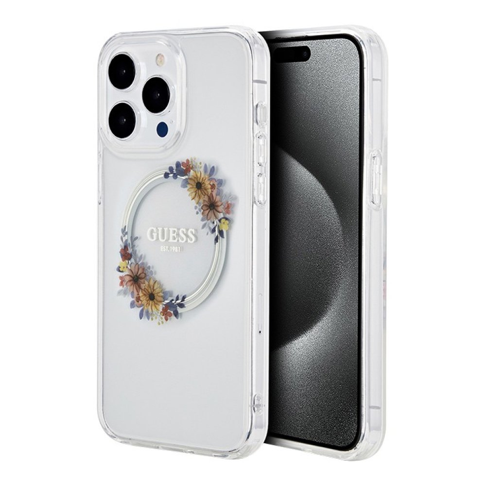 Чехол Guess PC/TPU Flowers Wreath Hard MagSafe для iPhone 15 Pro Max. Цвет: прозрачный