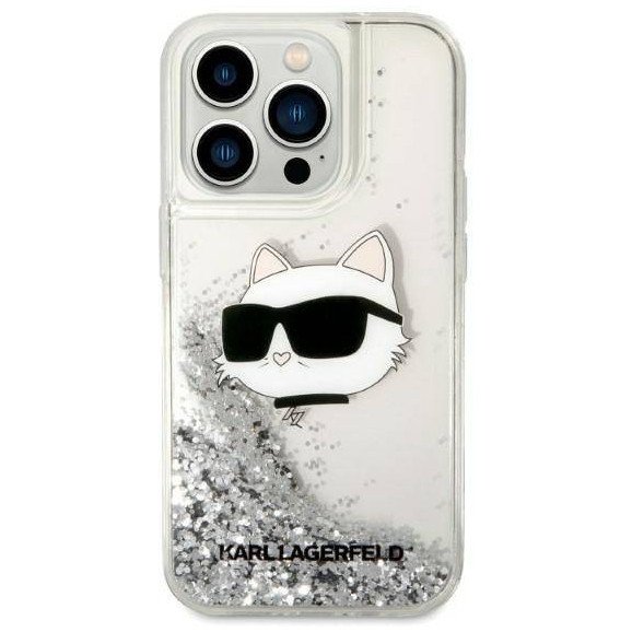 Чехол Lagerfeld для iPhone 14 Pro Liquid glitter NFT Choupette head Hard. Цвет: серебристый