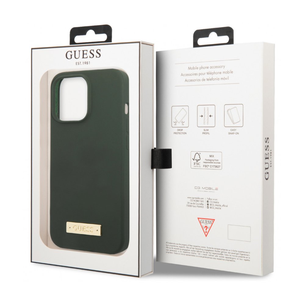 Чехол Guess для iPhone 13 Pro Max Liquid silicone Plate metal logo Hard (MagSafe). Цвет: зелёный