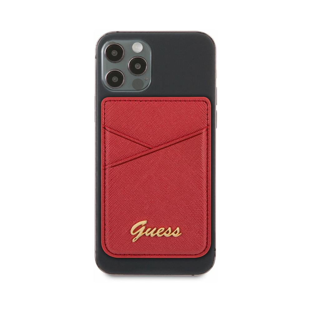 Магнитный бумажник Guess Wallet Cardslot Magsafe Saffiano Script logo. Цвет: красный