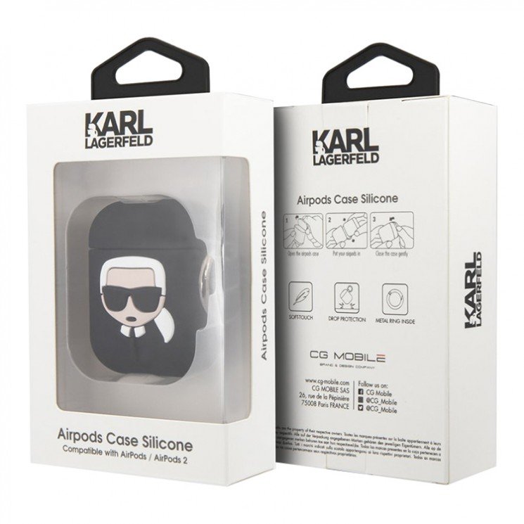 Чехол Lagerfeld Karl для Airpods 1/2 силиконовый с кольцом. Цвет: чёрный