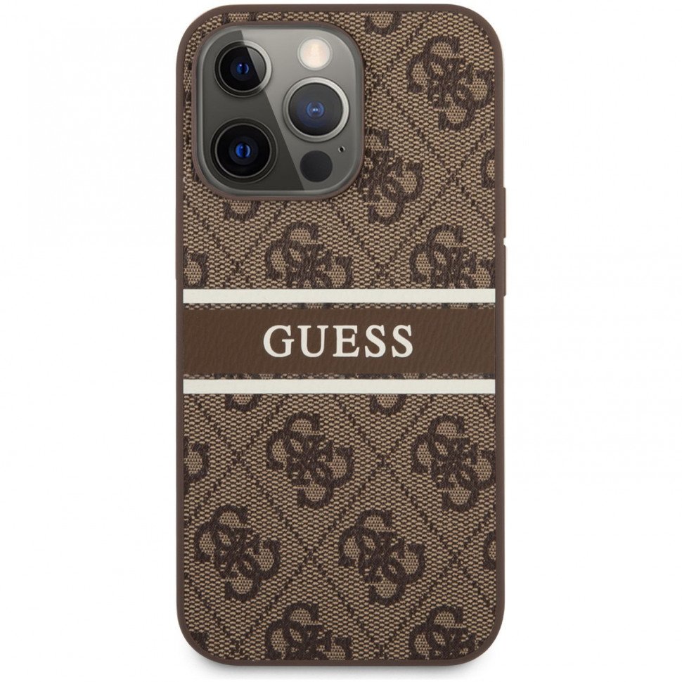 Чехол Guess для iPhone 13 Pro Max PU 4G Stripe printed logo Hard. Цвет: коричневый