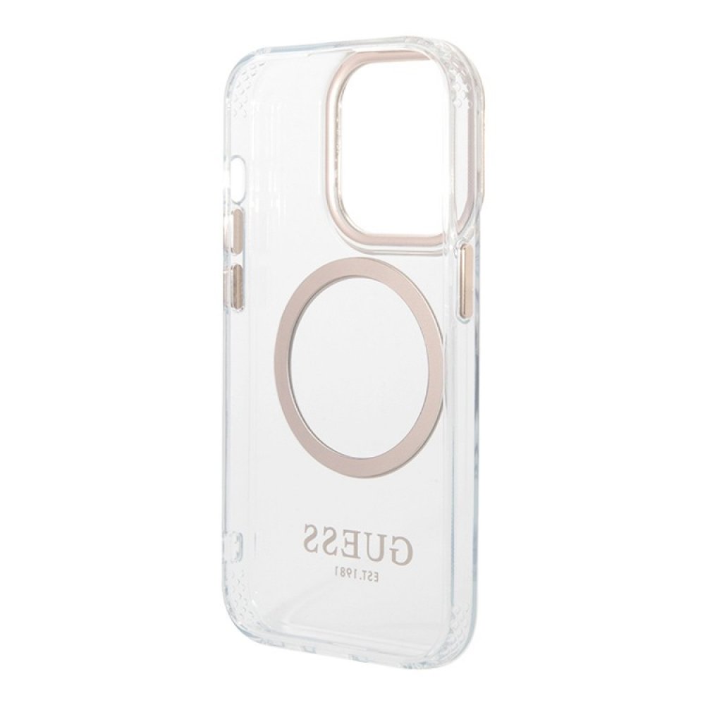 Чехол Guess PC/TPU Metal outline Hard MagSafe для iPhone 15 Pro Max. Цвет: прозрачный/золотой