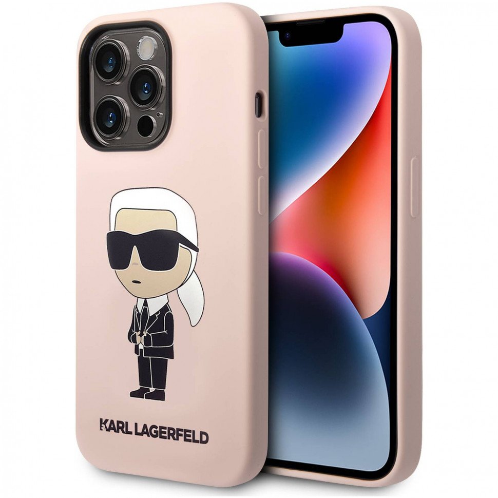 Чехол Lagerfeld для iPhone 14 Pro Liquid silicone Karl's Head Hard (MagSafe). Цвет: розовый