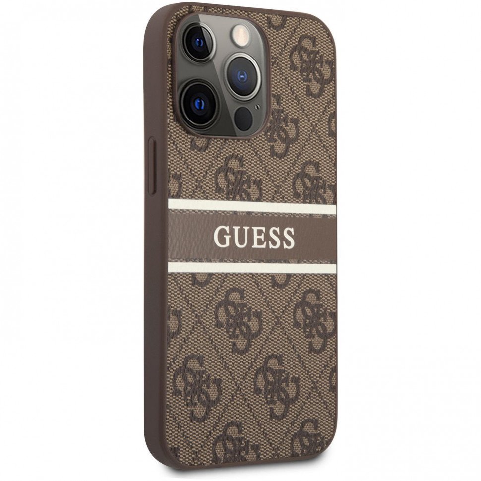 Чехол Guess для iPhone 13 Pro Max PU 4G Stripe printed logo Hard. Цвет: коричневый