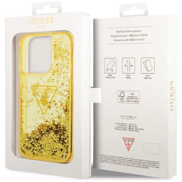 Чехол Guess для iPhone 14 Pro Liquid Glitter Triangle logo Hard. Цвет: жёлтый