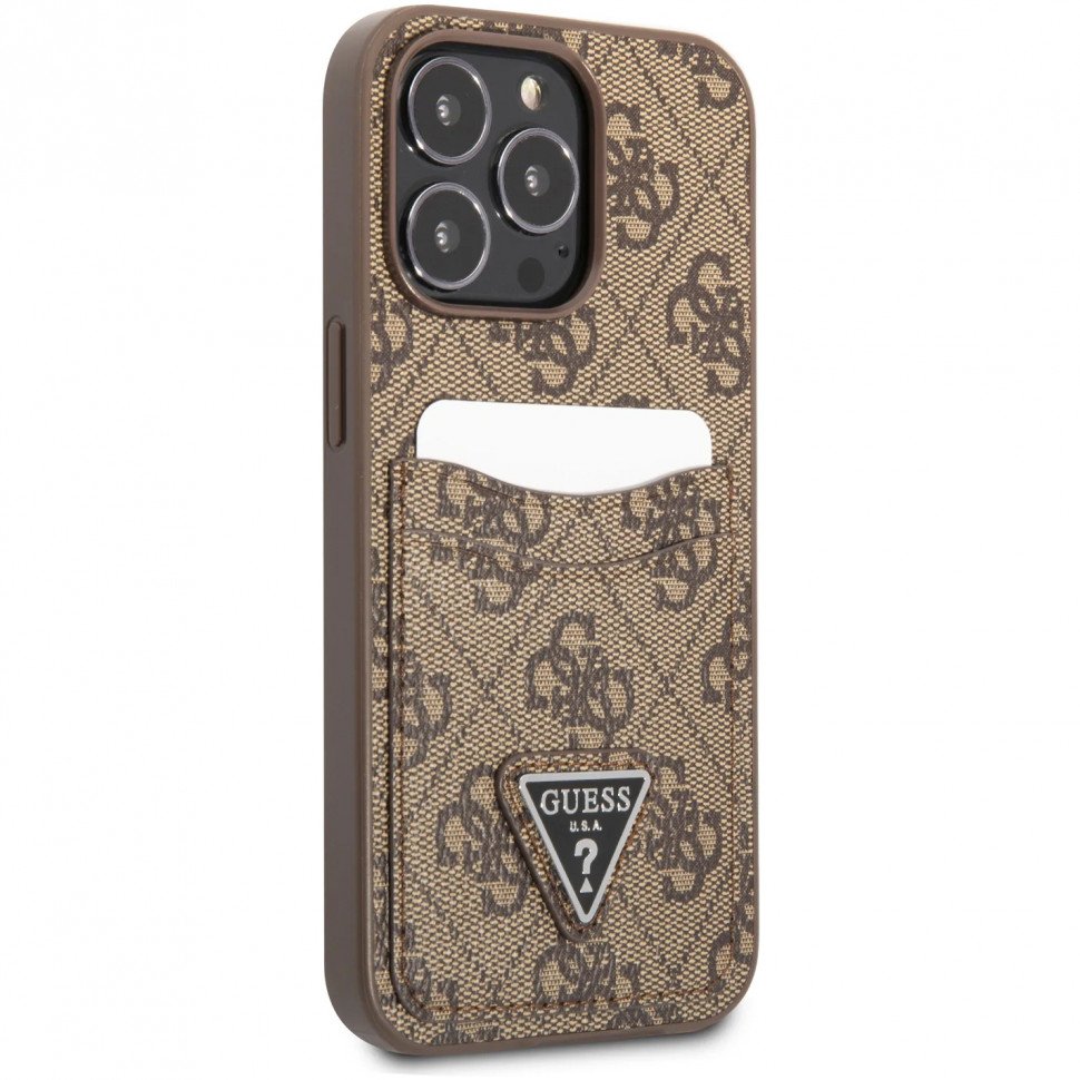 Чехол Guess для iPhone 13 Pro Max PU 4G Double cardslot Metal triangle logo Hard. Цвет: коричневый