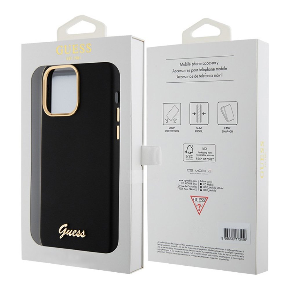 Чехол Guess Liquid silicone Gold metal logo & Camera frame для iPhone 15 Pro Max. Цвет: чёрный